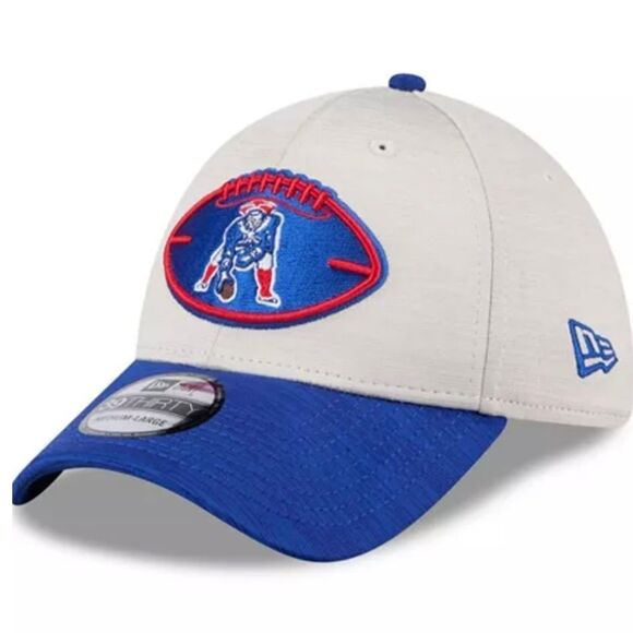 NWT Men's Stone/Royal New England Patriots 2024 Sideline Historic 39THIRTY Flex - Picture 1 of 7